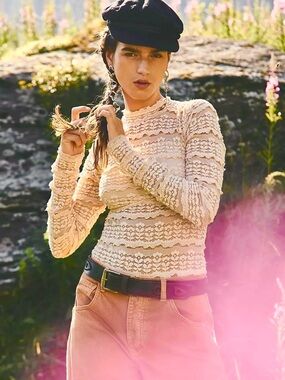 Free People Angelina Bodysuit Lace & Mesh Long-Sleeve Bodysuit M FLAWS